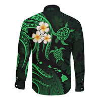Personalised Kauai Hawaii Long Sleeve Button Shirt Polynesian Tattoo and Pacific Plumeria Green Vibe LT9 - Polynesian Pride