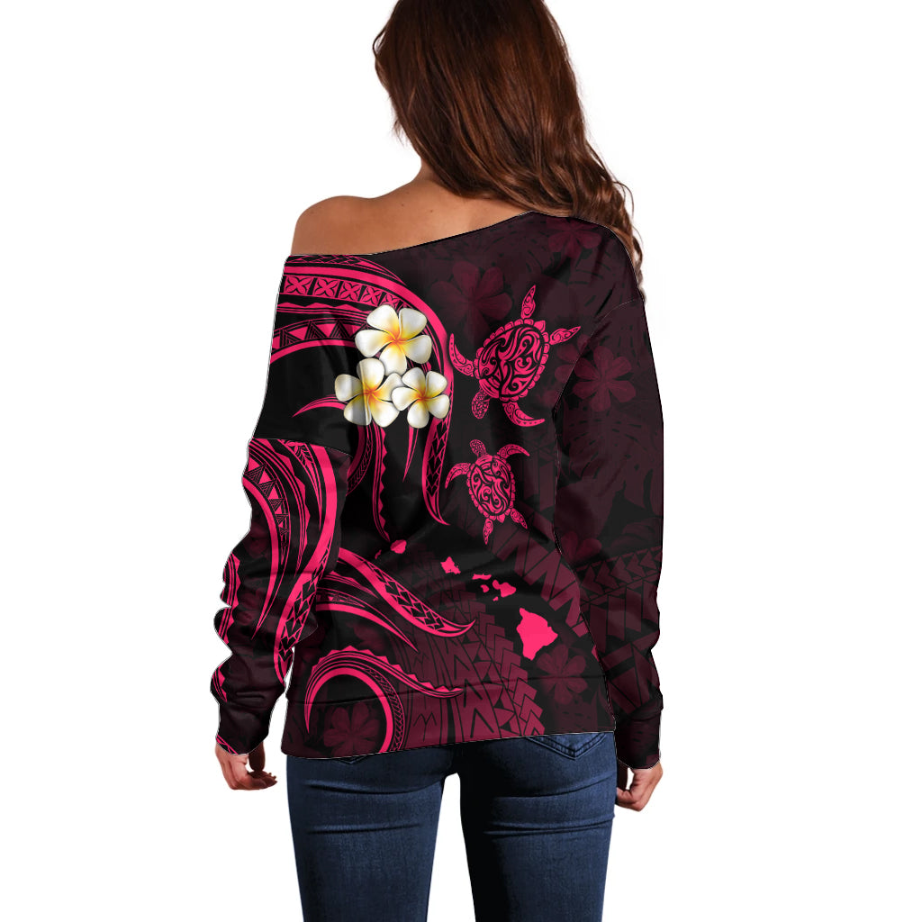 Personalised Kauai Hawaii Off Shoulder Sweater Polynesian Tattoo and Pacific Plumeria Pink Vibe LT9 - Polynesian Pride