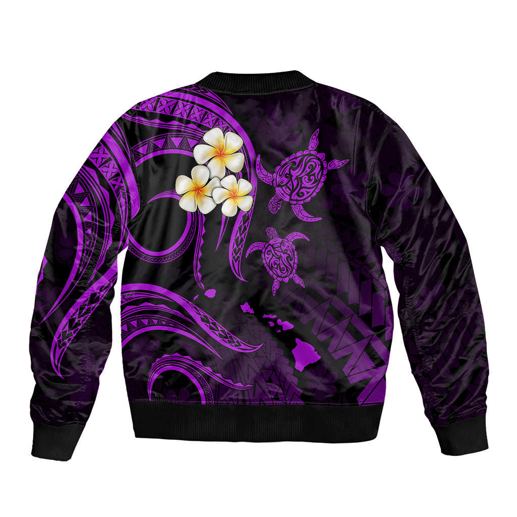 Personalised Kauai Hawaii Sleeve Zip Bomber Jacket Polynesian Tattoo and Pacific Plumeria Purple Vibe LT9 - Polynesian Pride
