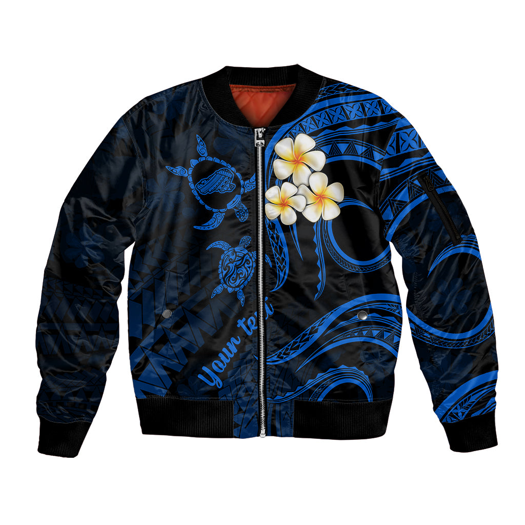 Personalised Kahoolawe Hawaii Sleeve Zip Bomber Jacket Polynesian Tattoo and Pacific Plumeria Blue Vibe LT9 Unisex Blue - Polynesian Pride