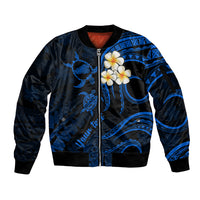 Personalised Kahoolawe Hawaii Sleeve Zip Bomber Jacket Polynesian Tattoo and Pacific Plumeria Blue Vibe LT9 Unisex Blue - Polynesian Pride
