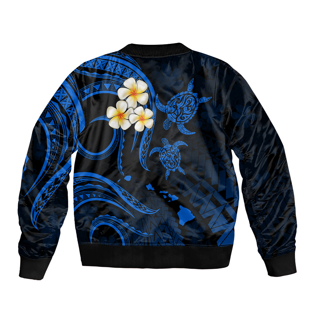 Personalised Kahoolawe Hawaii Sleeve Zip Bomber Jacket Polynesian Tattoo and Pacific Plumeria Blue Vibe LT9 - Polynesian Pride