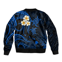 Personalised Kahoolawe Hawaii Sleeve Zip Bomber Jacket Polynesian Tattoo and Pacific Plumeria Blue Vibe LT9 - Polynesian Pride