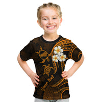 Personalised Kahoolawe Hawaii Kid T Shirt Polynesian Tattoo and Pacific Plumeria Gold Vibe LT9 Gold - Polynesian Pride