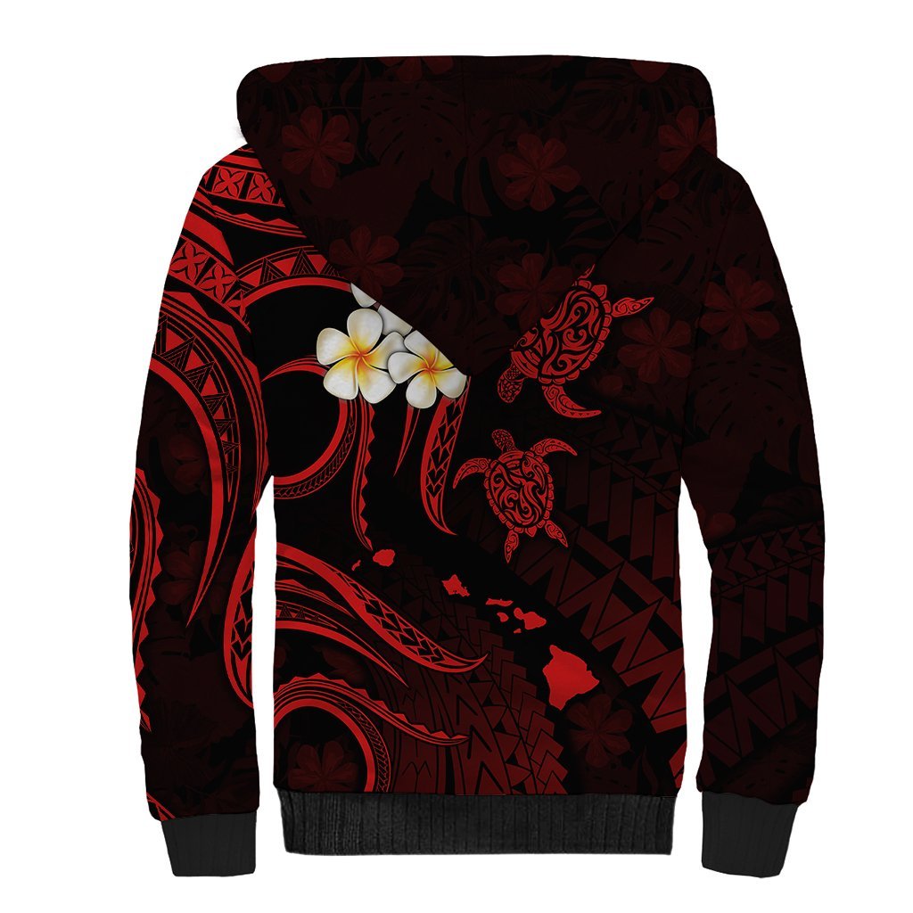 Personalised Kahoolawe Hawaii Sherpa Hoodie Polynesian Tattoo and Pacific Plumeria Red Vibe LT9 - Polynesian Pride