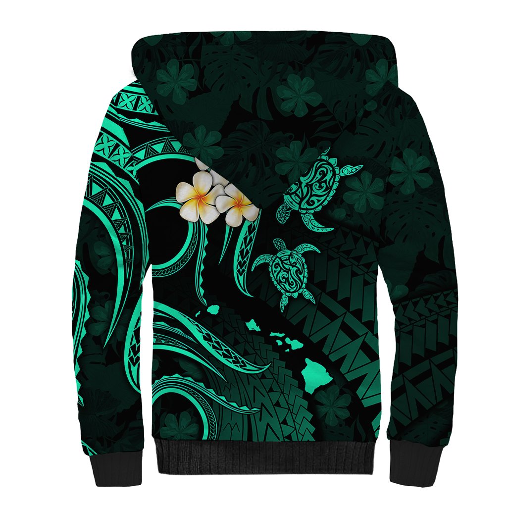 Personalised Kahoolawe Hawaii Sherpa Hoodie Polynesian Tattoo and Pacific Plumeria Turquoise Vibe LT9 - Polynesian Pride
