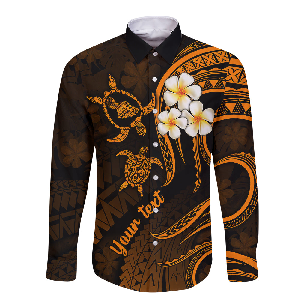 Personalised Maui Hawaii Long Sleeve Button Shirt Polynesian Tattoo and Pacific Plumeria Gold Vibe LT9 Unisex Gold - Polynesian Pride