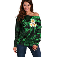Personalised Maui Hawaii Off Shoulder Sweater Polynesian Tattoo and Pacific Plumeria Green Vibe LT9 Women Green - Polynesian Pride