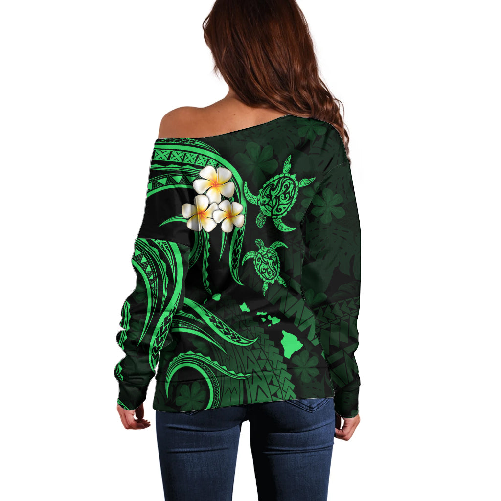 Personalised Maui Hawaii Off Shoulder Sweater Polynesian Tattoo and Pacific Plumeria Green Vibe LT9 - Polynesian Pride