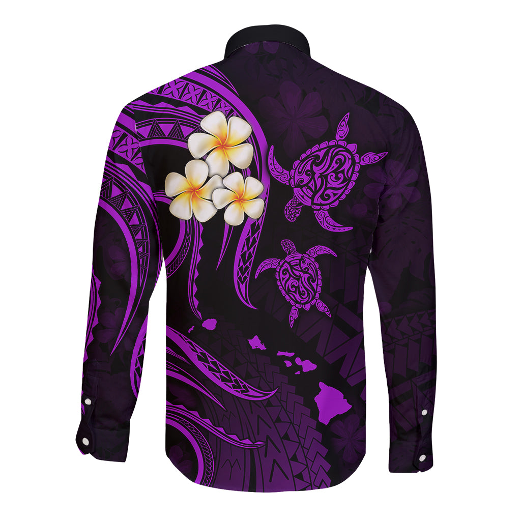 Personalised Maui Hawaii Long Sleeve Button Shirt Polynesian Tattoo and Pacific Plumeria Purple Vibe LT9 - Polynesian Pride