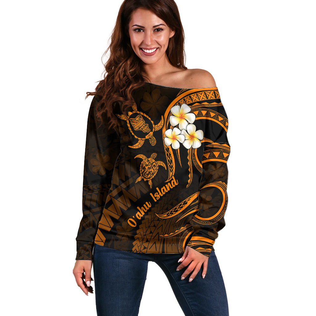 Hawaii Off Shoulder Sweater Oahu Islands Pacific Plumeria Gold Vibe LT9 Women Gold - Polynesian Pride