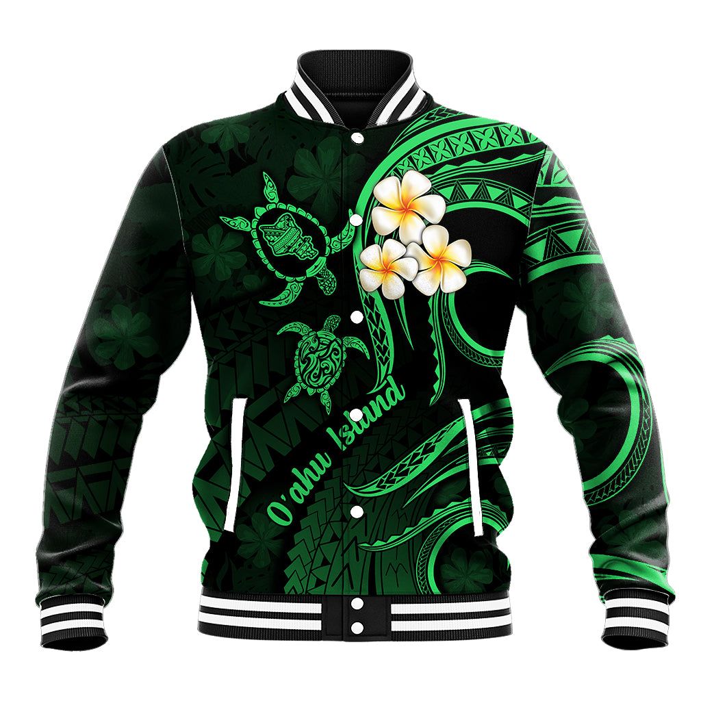 Hawaii Baseball Jacket Oahu Islands Pacific Plumeria Green Vibe LT9 Unisex Green - Polynesian Pride