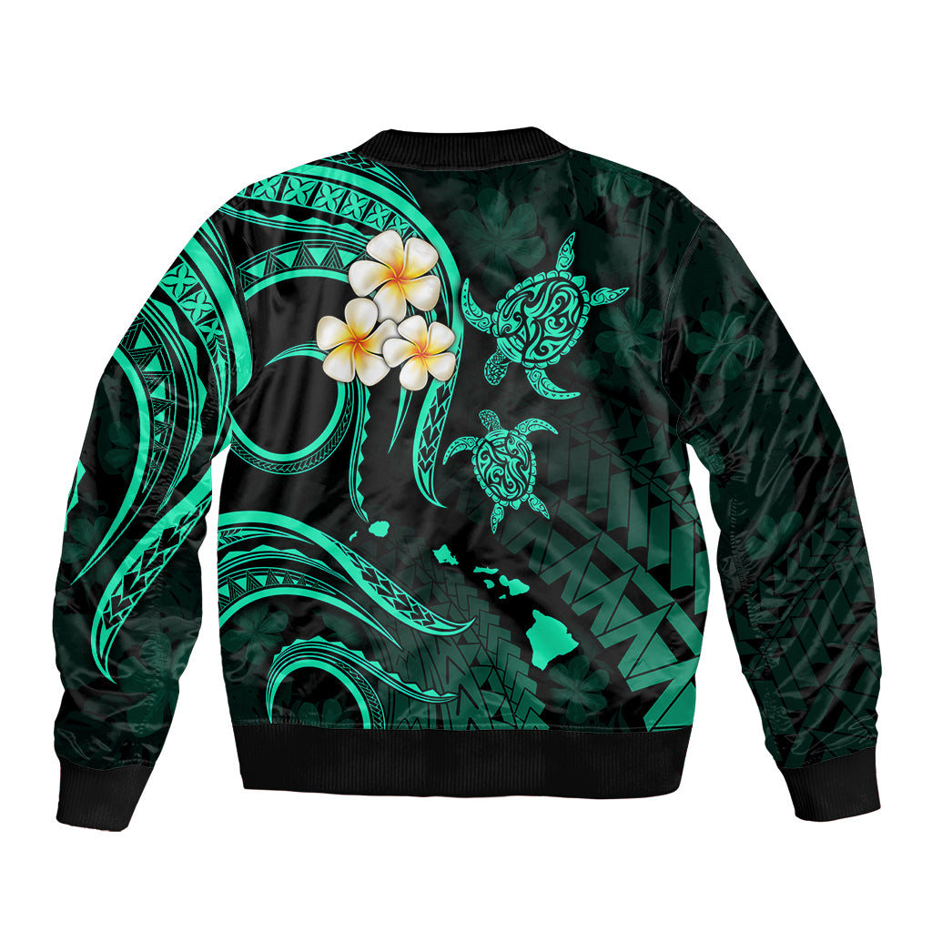Hawaii Sleeve Zip Bomber Jacket Oahu Islands Pacific Plumeria Turquoise Vibe LT9 - Polynesian Pride