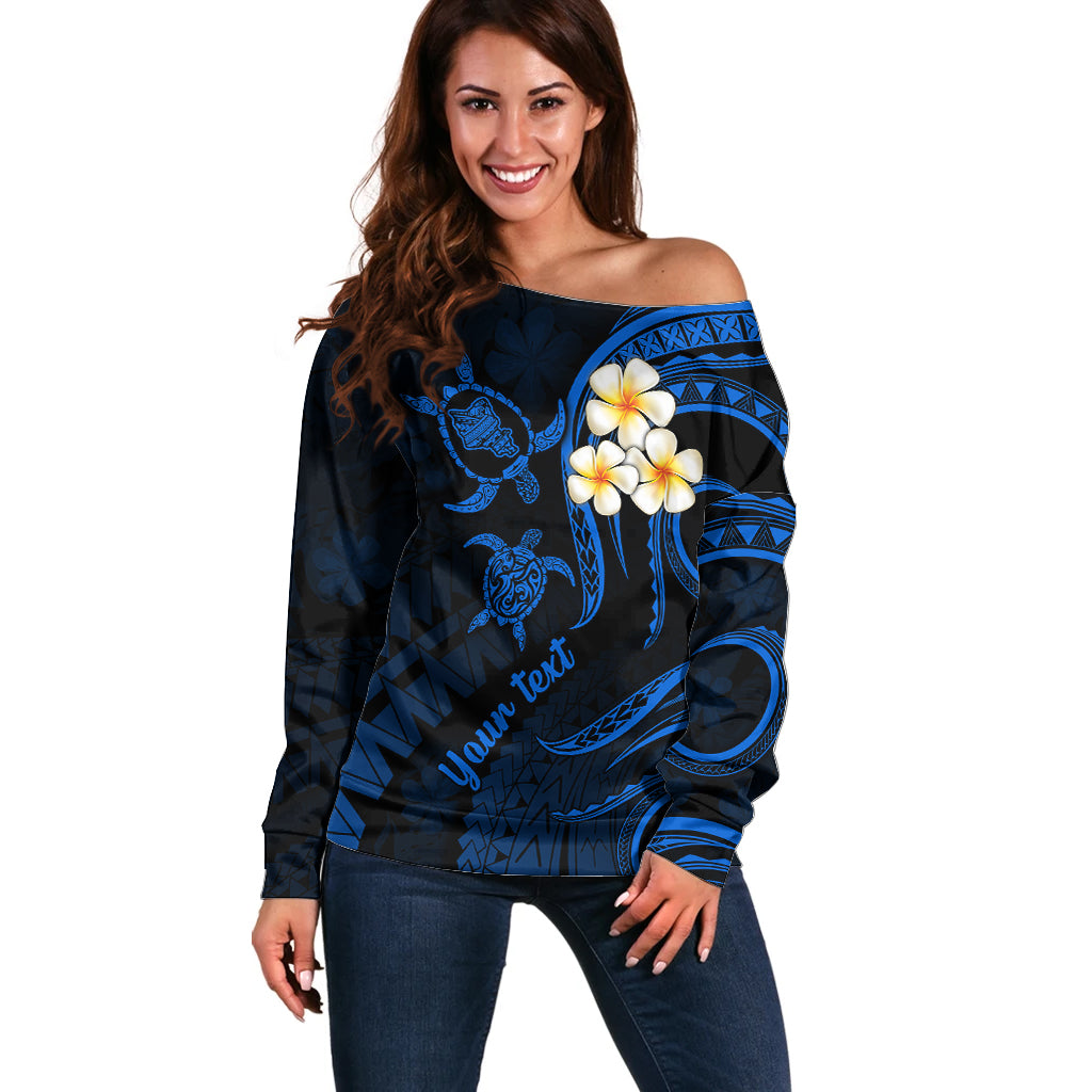 Personalised Oahu Hawaii Off Shoulder Sweater Polynesian Tattoo and Pacific Plumeria Blue Vibe LT9 Women Blue - Polynesian Pride