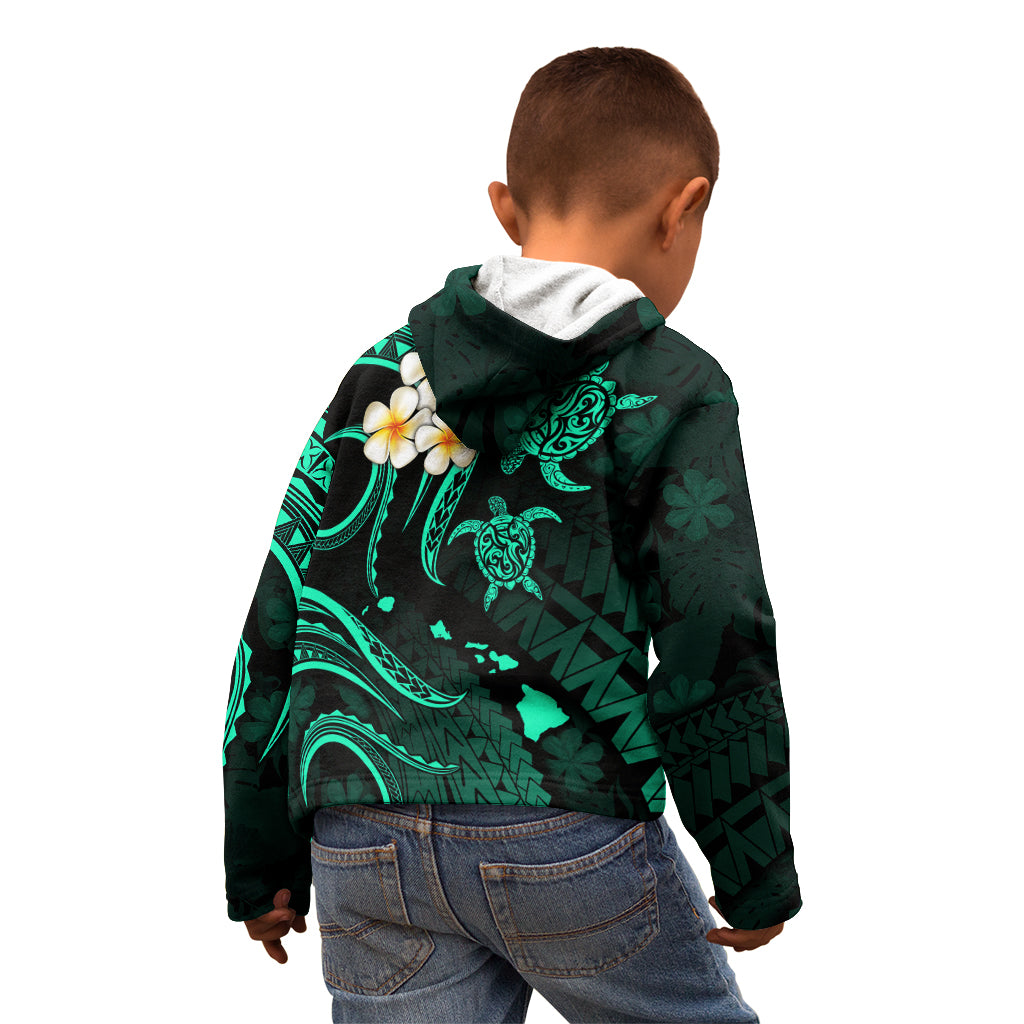 Personalised Oahu Hawaii Kid Hoodie Polynesian Tattoo and Pacific Plumeria Turquoise Vibe LT9 - Polynesian Pride
