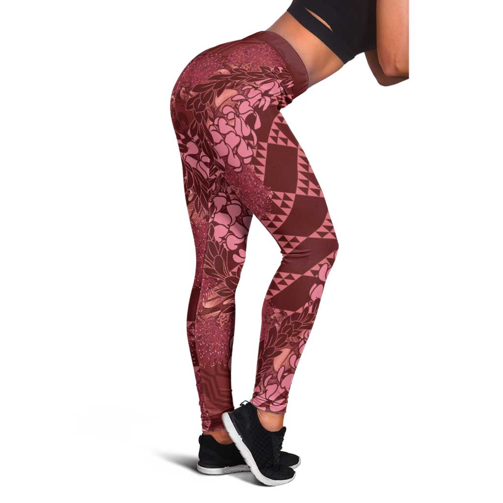 Maroon Aloha Hawaii Leggings Hawaiian Kakau Ohia Lehua Lei - Polynesian Pride