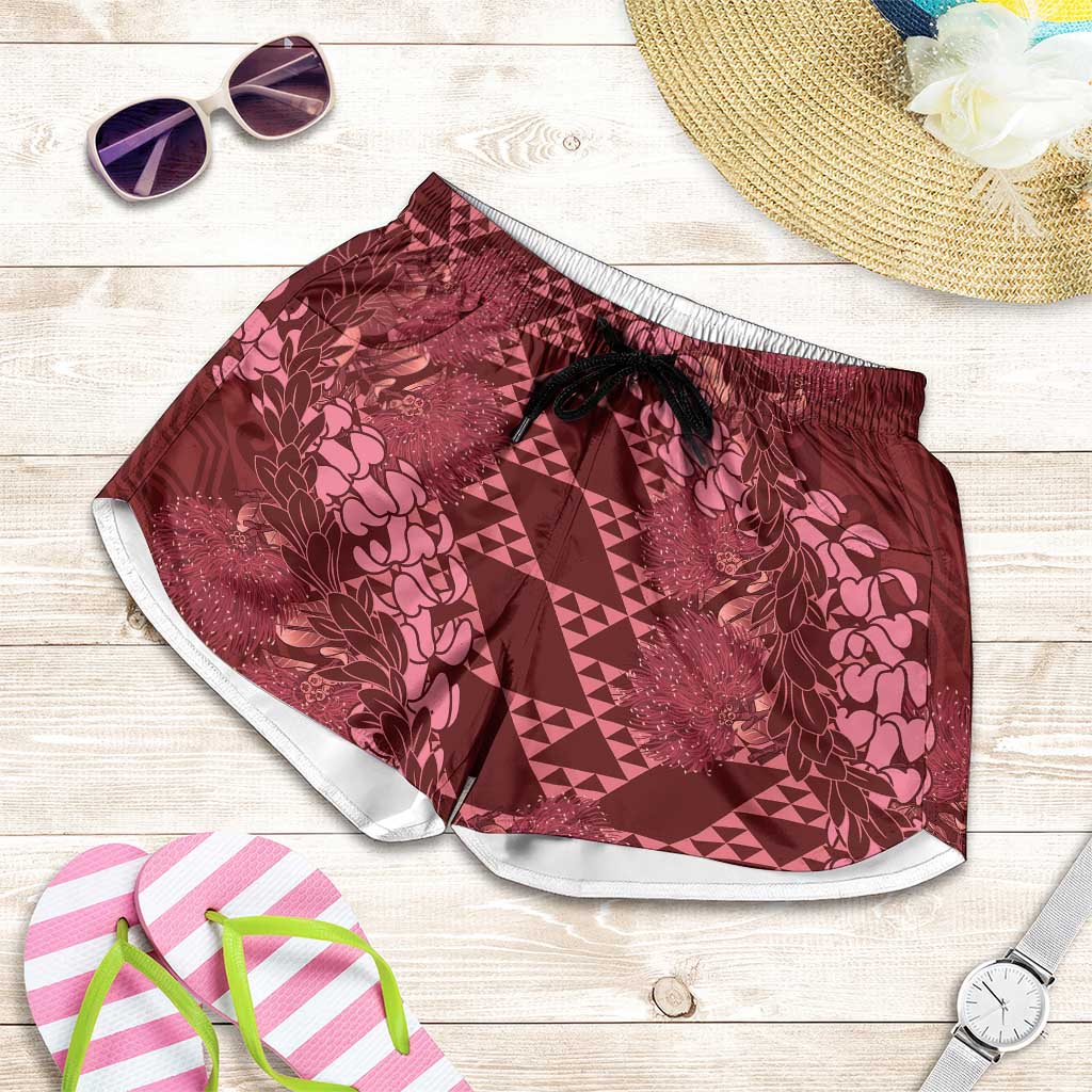 Maroon Aloha Hawaii Shorts for Women Hawaiian Kakau Ohia Lehua Lei LT14 Maroon - Polynesian Pride