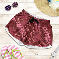 Maroon Aloha Hawaii Shorts for Women Hawaiian Kakau Ohia Lehua Lei LT14 Maroon - Polynesian Pride