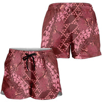 Maroon Aloha Hawaii Shorts for Women Hawaiian Kakau Ohia Lehua Lei LT14 - Polynesian Pride