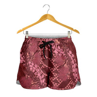 Maroon Aloha Hawaii Shorts for Women Hawaiian Kakau Ohia Lehua Lei LT14 - Polynesian Pride