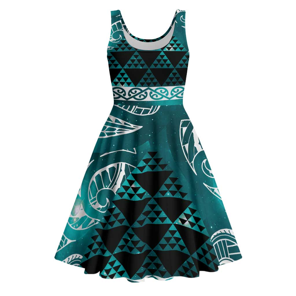 Matariki New Zealand Midi Dress NZ Niho Taniwha Maori New Year Cyan Galaxy LT14 Cyan - Polynesian Pride