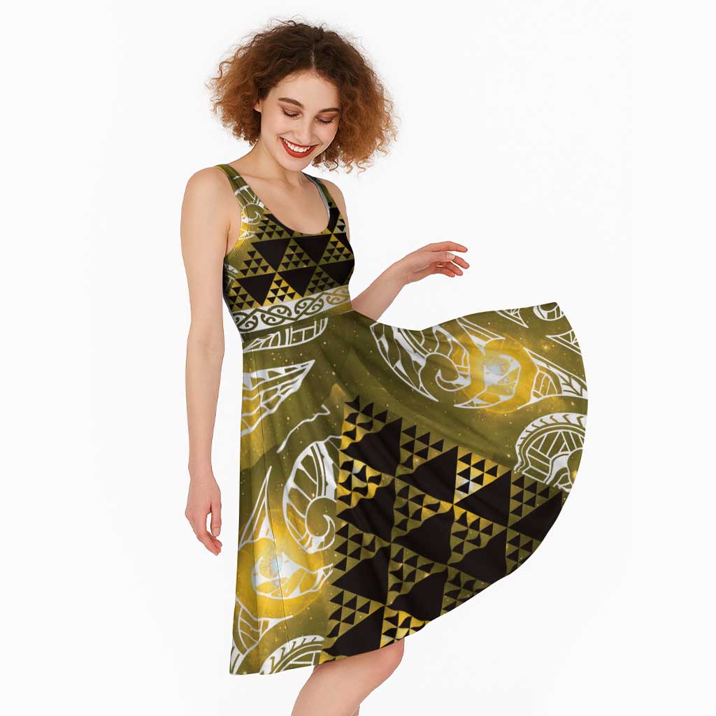 Matariki New Zealand Midi Dress NZ Niho Taniwha Maori New Year Yellow Galaxy LT14 - Polynesian Pride