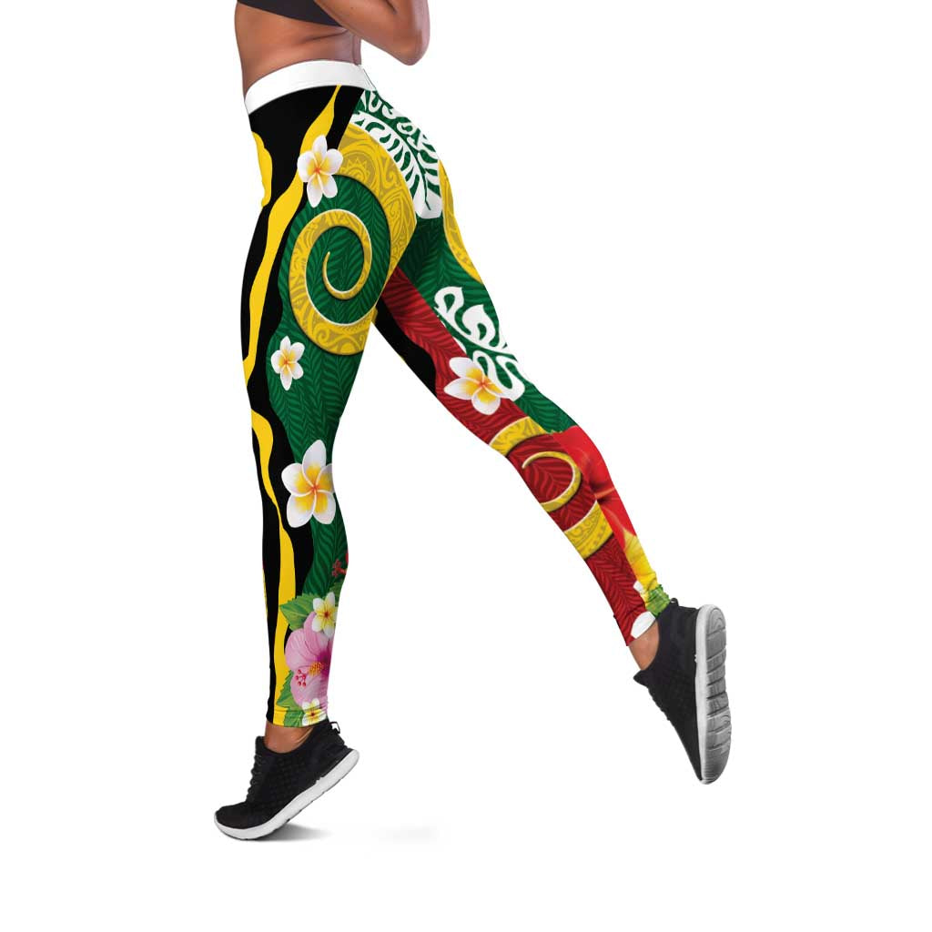 Melanesian Vanuatu Tribal Boar Tusk Leggings Tropical Plants and Namele Motifs LT03 Green - Polynesian Pride