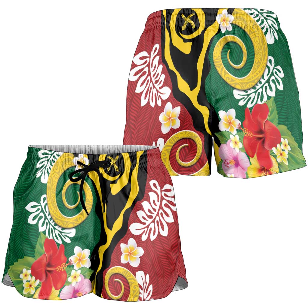 Melanesian Vanuatu Tribal Boar Tusk Shorts for Women Tropical Plants and Namele Motifs LT03 - Polynesian Pride