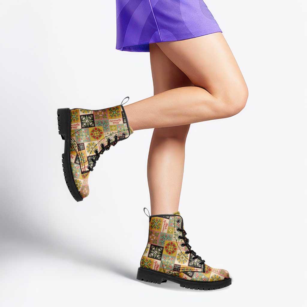 Mele Kalikimaka Hawaii Christmas Leather Boots Melemele Mama Seamless Floral Motif - Polynesian Pride