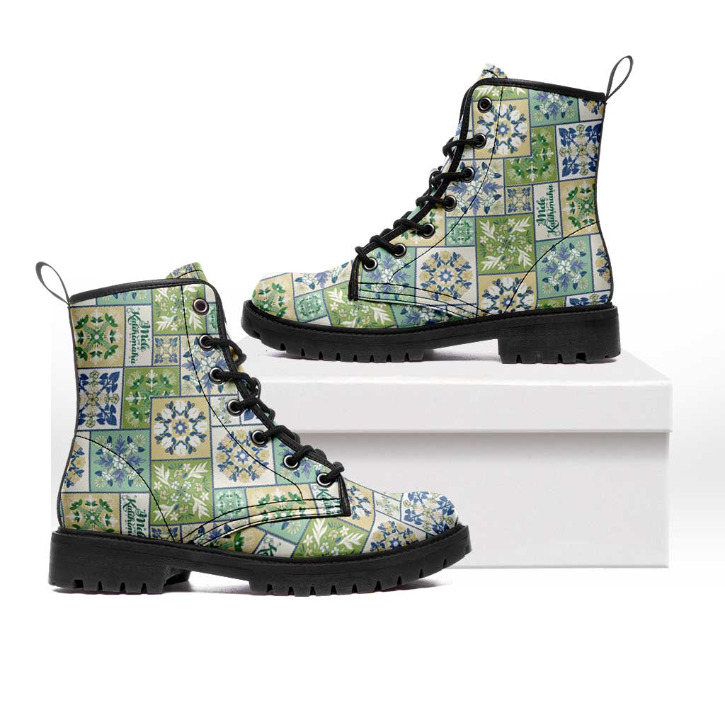 Mele Kalikimaka Hawaii Christmas Leather Boots Omaomao Seamless Floral Motif - Polynesian Pride