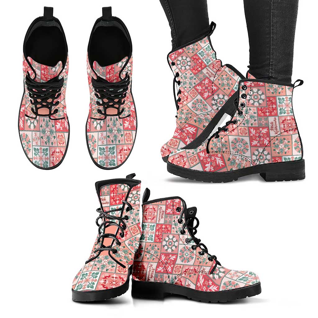 Mele Kalikimaka Hawaii Christmas Leather Boots Ulaula Seamless Floral Motif - Polynesian Pride