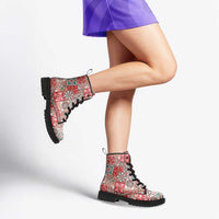Mele Kalikimaka Hawaii Christmas Leather Boots Ulaula Seamless Floral Motif - Polynesian Pride
