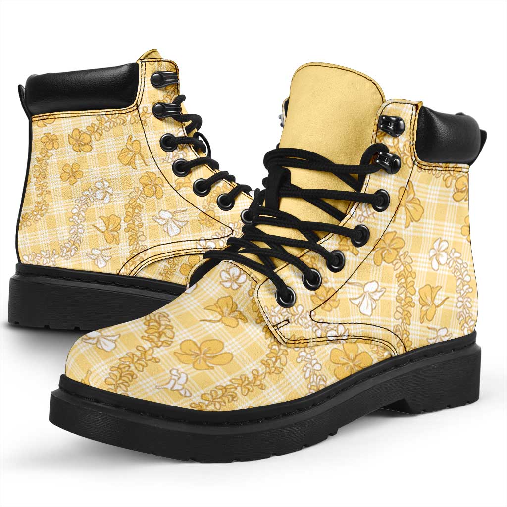 Melemele Aloha Hawaii All Season Boots Plumeria Lei With Palaka Motif - Polynesian Pride