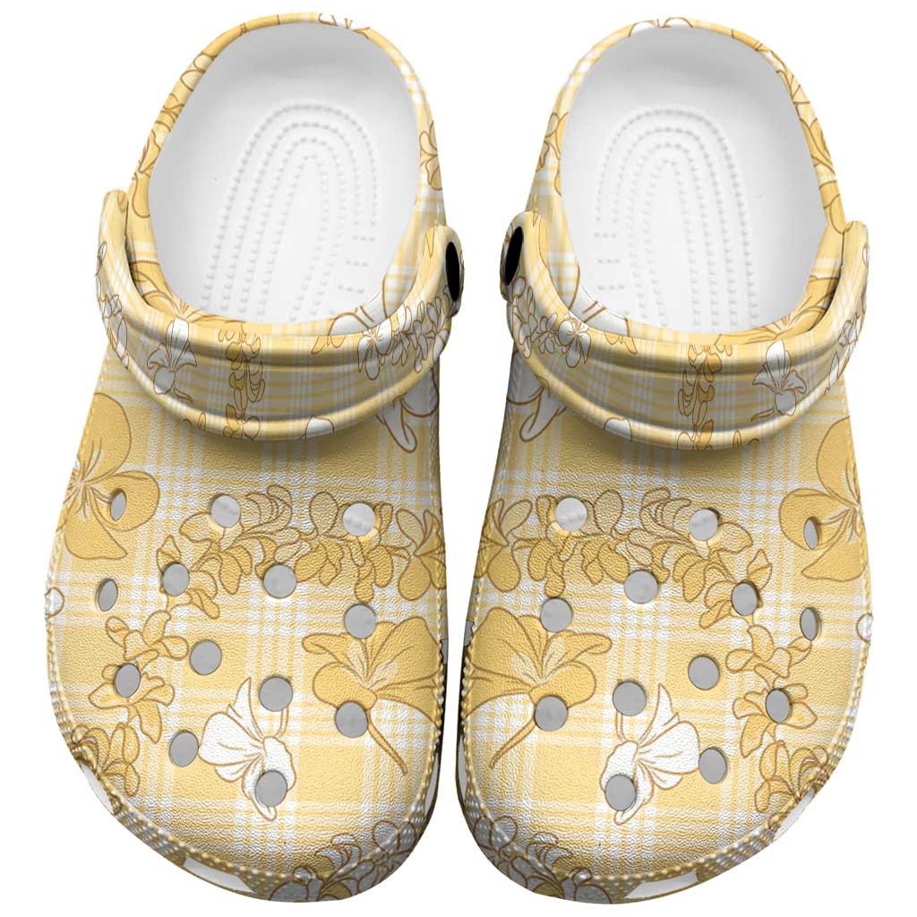 Melemele Aloha Hawaii Clogs Shoes Plumeria Lei With Palaka Motif - Polynesian Pride