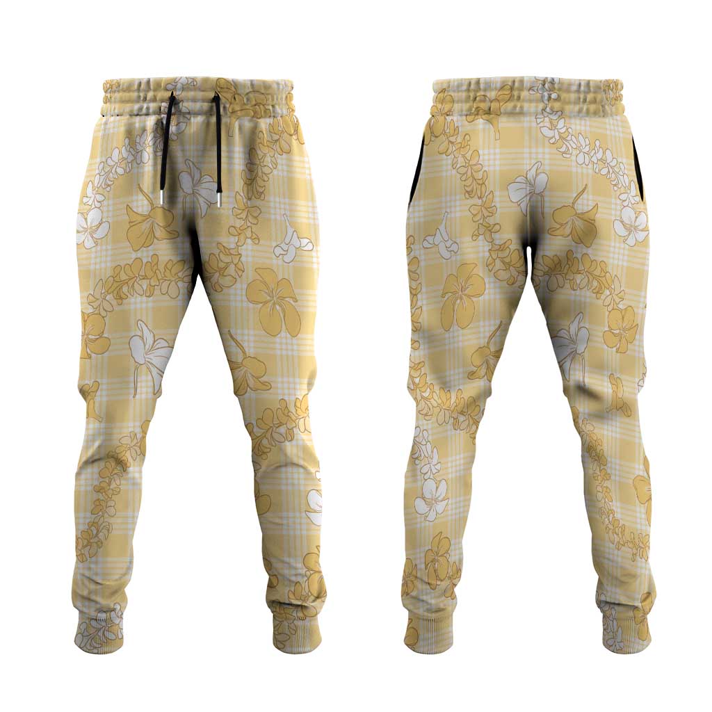 Melemele Aloha Hawaii Jogger Pants Plumeria Lei With Palaka Motif - Polynesian Pride