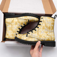 Melemele Aloha Hawaii Leather Boots Plumeria Lei With Palaka Motif - Polynesian Pride