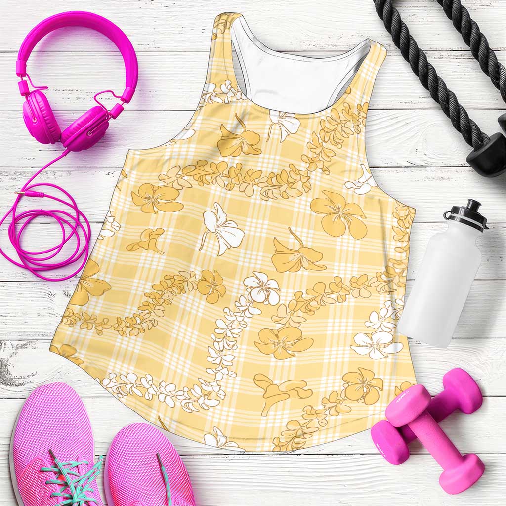 Melemele Aloha Hawaii Women Racerback Tank Plumeria Lei With Palaka Motif LT14 Yellow - Polynesian Pride