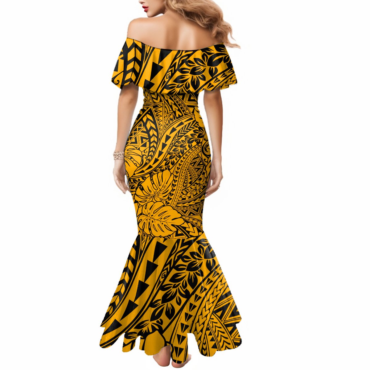 Hawaii Couples Matching Mermaid Dress and Hawaiian Shirt - Gold Polynesian Tribal Art LT14 - Polynesian Pride