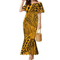 Hawaii Couples Matching Mermaid Dress and Hawaiian Shirt - Gold Polynesian Tribal Art LT14 - Polynesian Pride