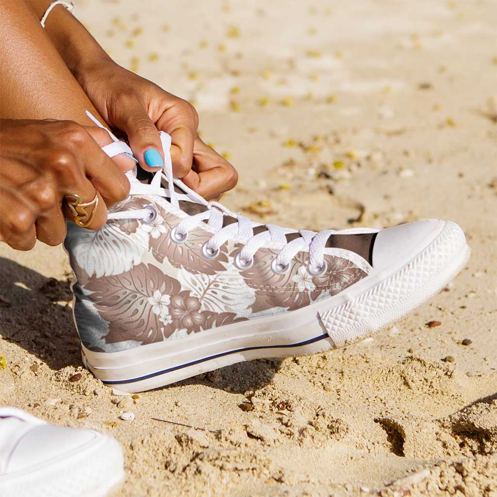 Mocha Mousse Aloha Hawaii High Top Shoes Monstera Hibiscus Plumeria Seamless Vibes - Polynesian Pride