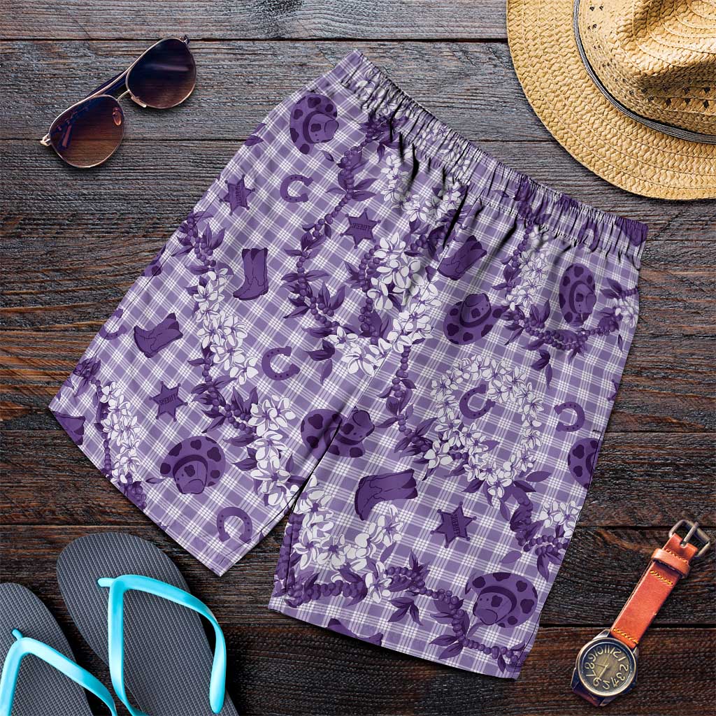 Mokihana Maile Ilima Leis Paniolo Palaka Shorts for Men Hawaiian Poni Spirit LT9 Purple - Polynesian Pride