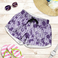 Mokihana Maile Ilima Leis Paniolo Palaka Shorts for Women Hawaiian Poni Spirit LT9 Purple - Polynesian Pride