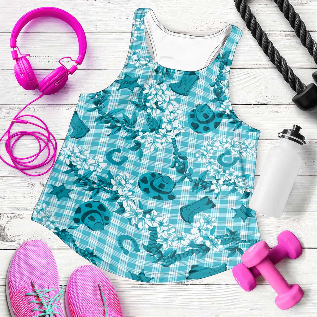 Mokihana Maile Ilima Leis Paniolo Palaka Women Racerback Tank Hawaiian Polu Opa Spirit LT9 Turquoise - Polynesian Pride