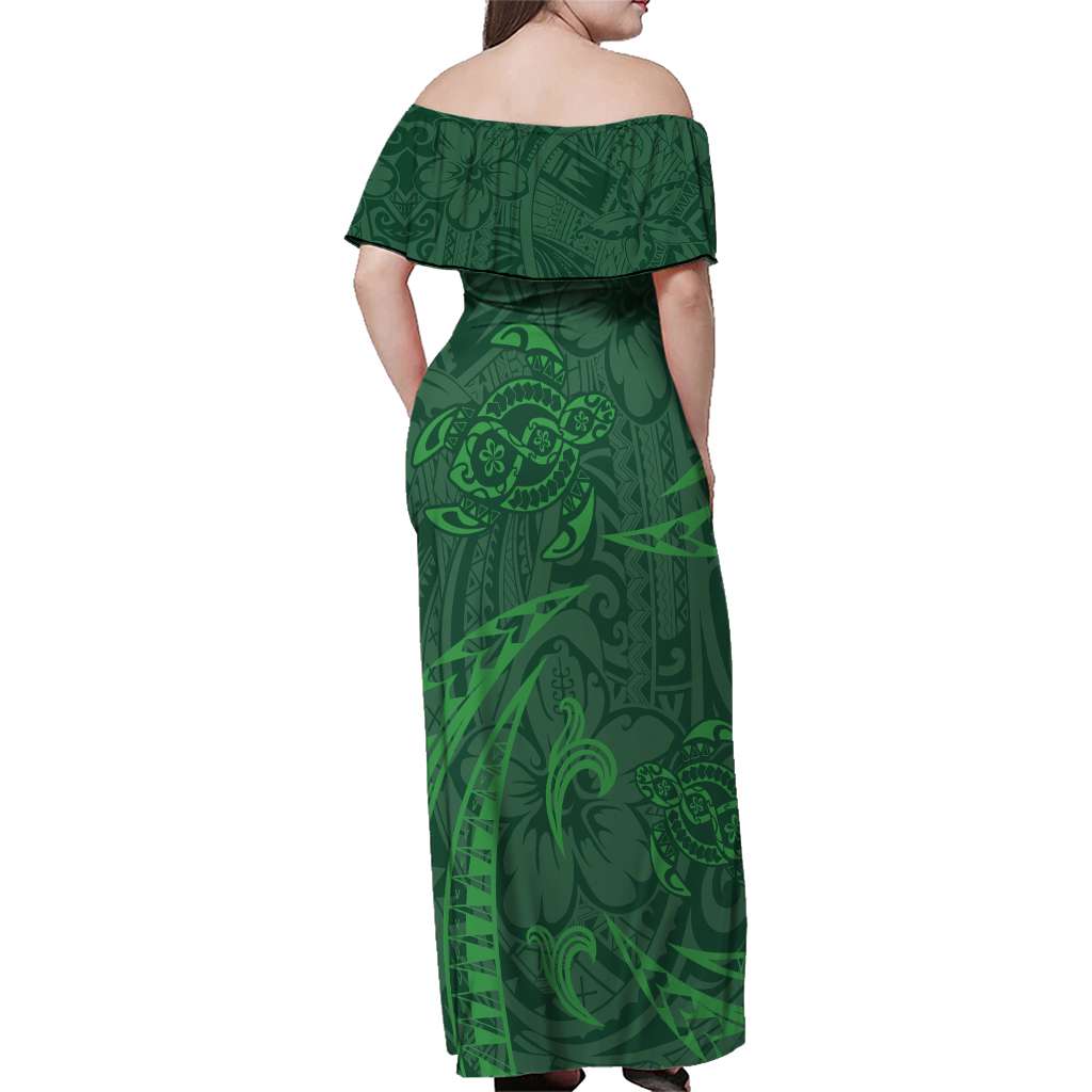 Polynesian Tribal Green Family Matching Off Shoulder Maxi Dress and Hawaiian Shirt Turtle Tattoo LT05 - Polynesian Pride