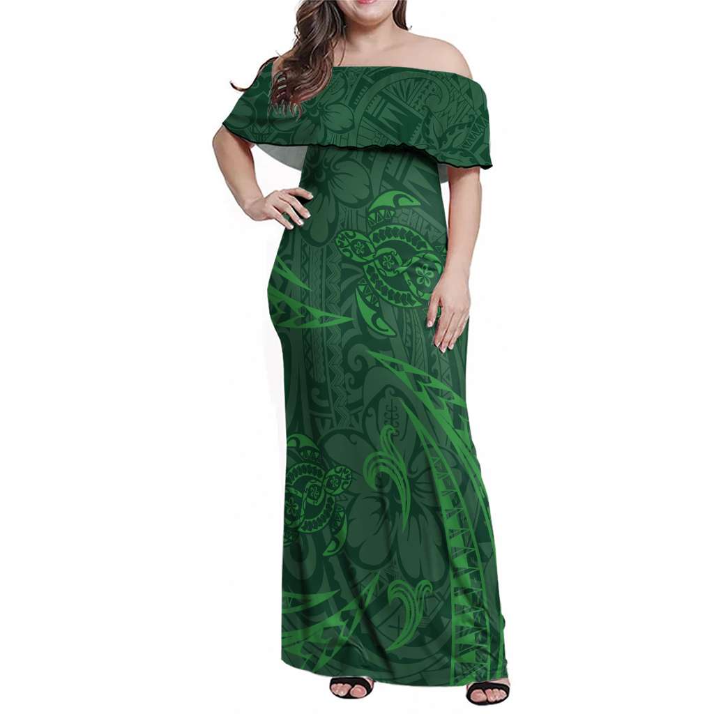 Polynesian Tribal Green Family Matching Off Shoulder Maxi Dress and Hawaiian Shirt Turtle Tattoo LT05 Mom's Dress Green - Polynesian Pride