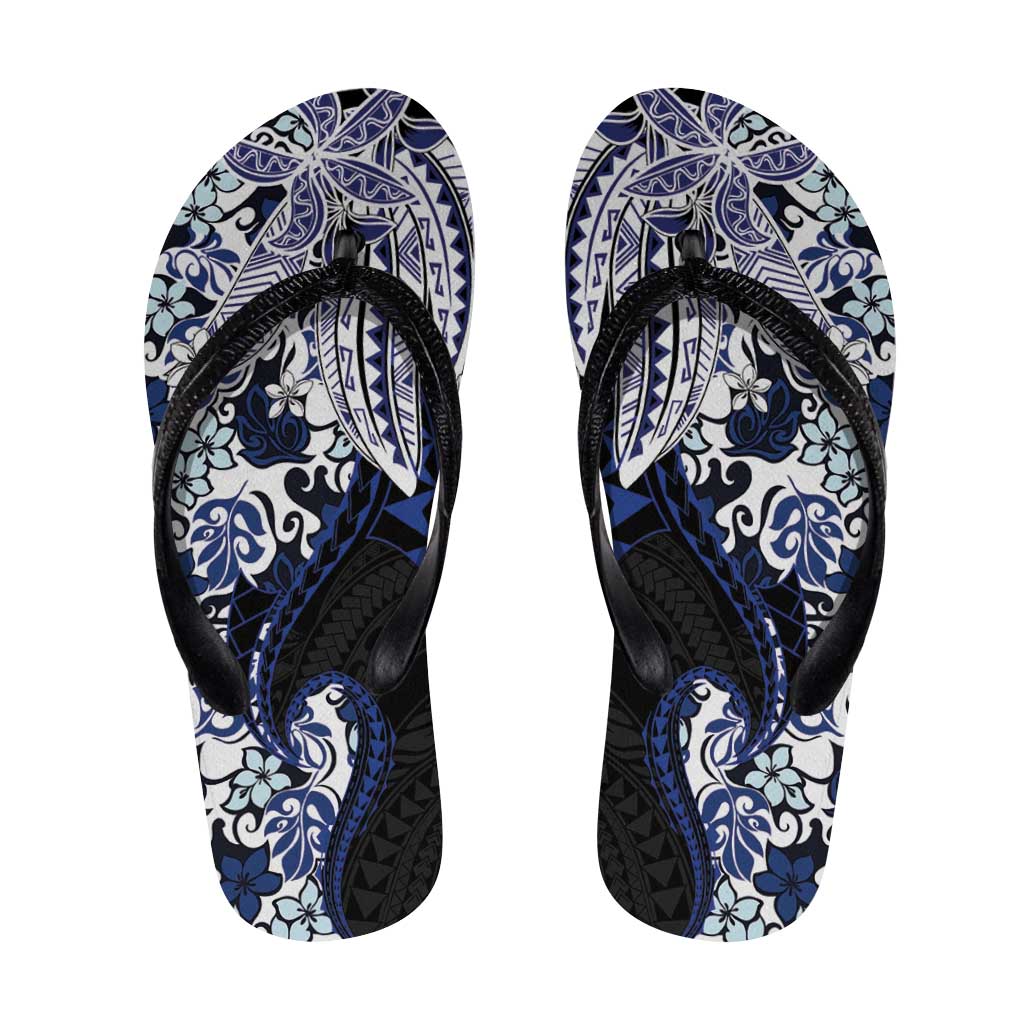 Monstera Plumeria Flowers Blue Flip Flops Polynesian Pattern