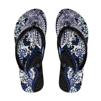Monstera Plumeria Flowers Blue Flip Flops Polynesian Pattern