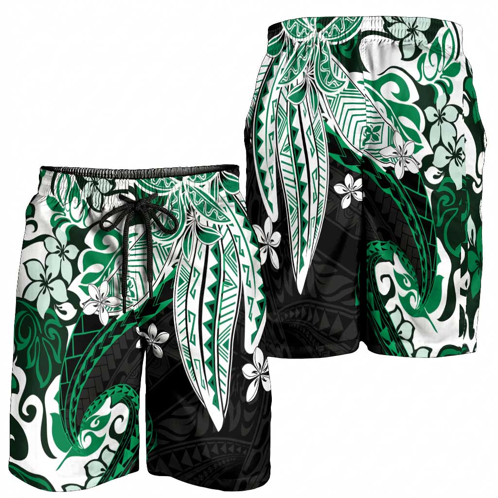 Monstera Plumeria Flowers Green Shorts for Men Polynesian Pattern