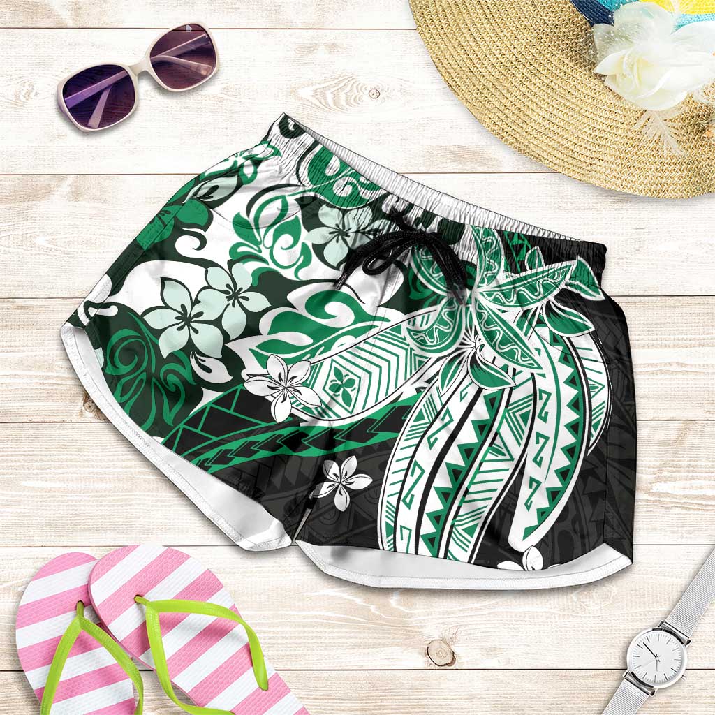 Monstera Plumeria Flowers Green Shorts for Women Polynesian Pattern LT01 Green - Polynesian Pride