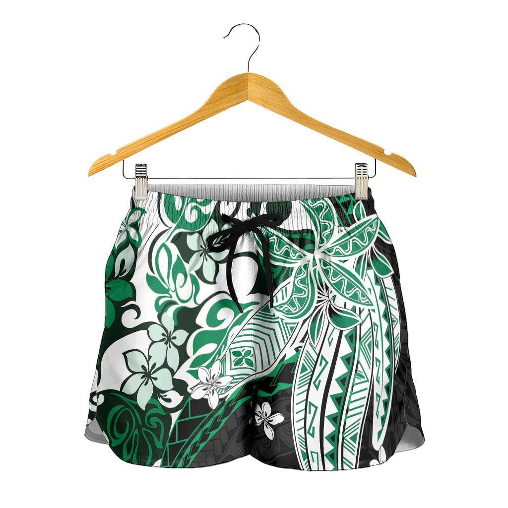 Monstera Plumeria Flowers Green Shorts for Women Polynesian Pattern LT01 - Polynesian Pride